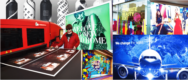 Collage of printed marketing pieces, a press operator at work, retail signage and vehicle graphics